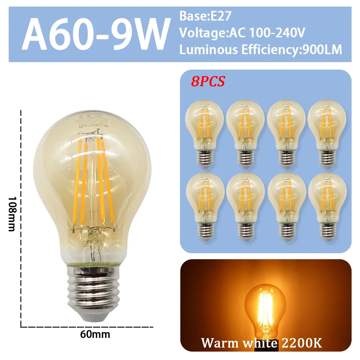 8PCS Led-lampe E27 B22 E14 220V GU10 Spot Licht 9W LED Glühlampe Retro Edison Vintage lampe AC 220V 110V Glas Lampen für Zuhause