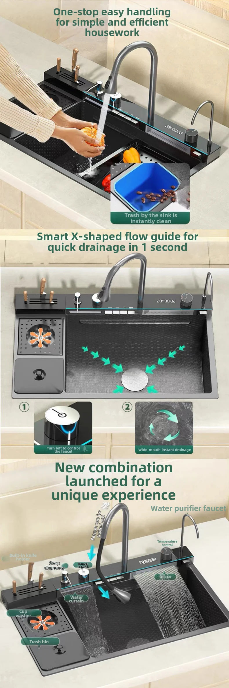 spülbecken küchen new design High-end kitchen sink Knife holder with integrated whale-shaped faucet storage trash can 82*48cm