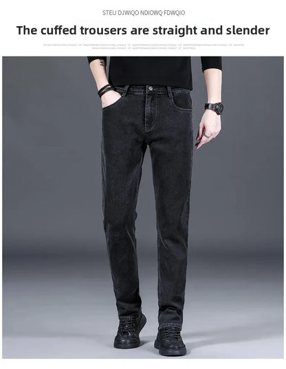 Loose Casual Jeans for Men Mid-aged Thick Winter Long Pants Business Style Straight Leg Spring Autumn Korean Version