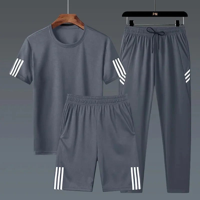 Summer Casual Sports Men's Short Sleeve T-Shirt plus Size Three-Piece Set New Style Long Pants Comfortable Breathable Clothing.