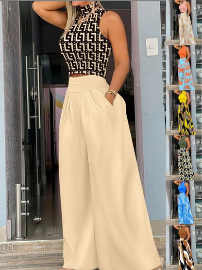 Women Two Piece Pant Sets Sleeveless Turtleneck Tops Pockets Wide Leg Pants High Waist Trousers Suit Elegant Office Ladies.