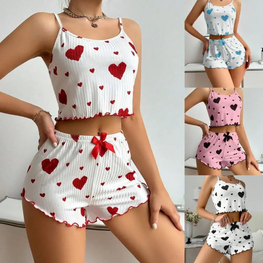Zweiteiliges Set Sommer dünner Pyjama Homewear Set Polyester Freizeitanzug einfarbig Sling Shorts Damen.