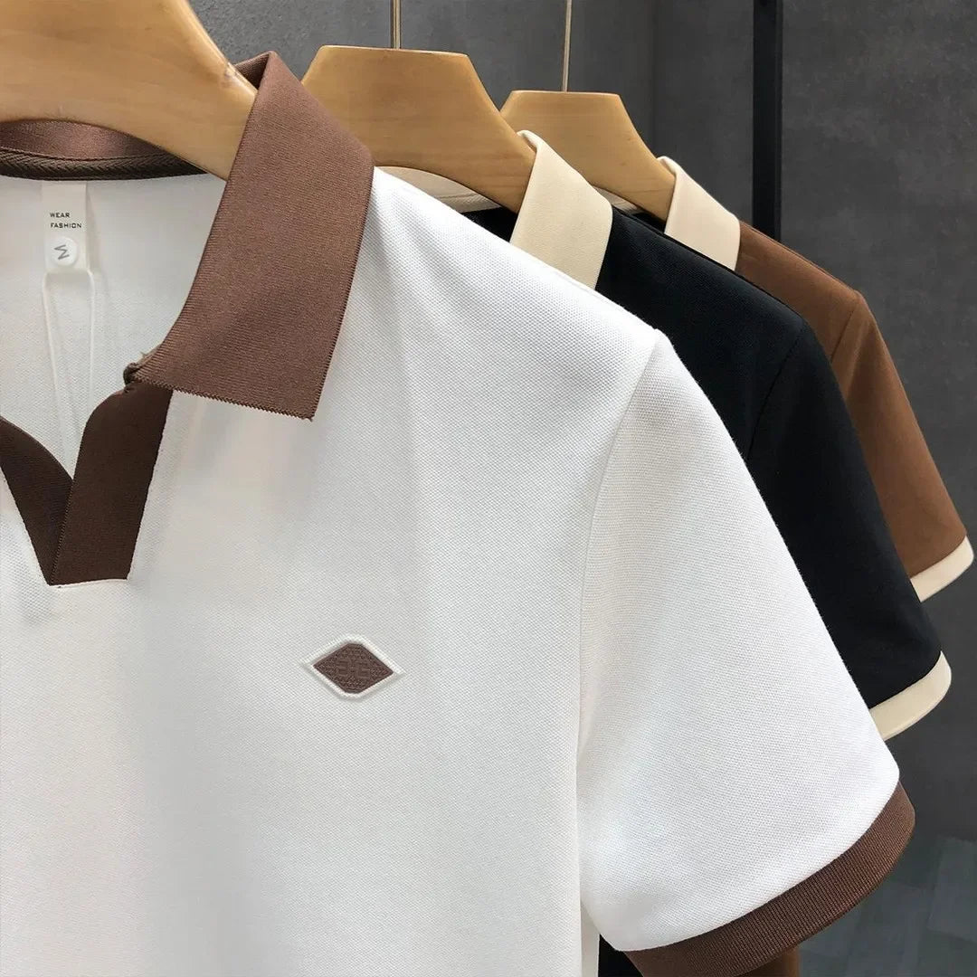 Men's Casual Polo Shirt Collared Short Sleeve Pique Cotton Breathable V-Neck Color Block Half Sleeve Summer Loose Top.