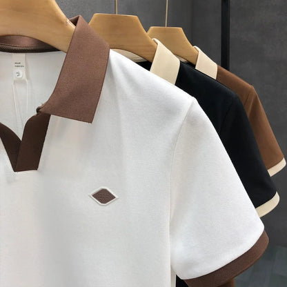 Men's Casual Polo Shirt Collared Short Sleeve Pique Cotton Breathable V-Neck Color Block Half Sleeve Summer Loose Top.