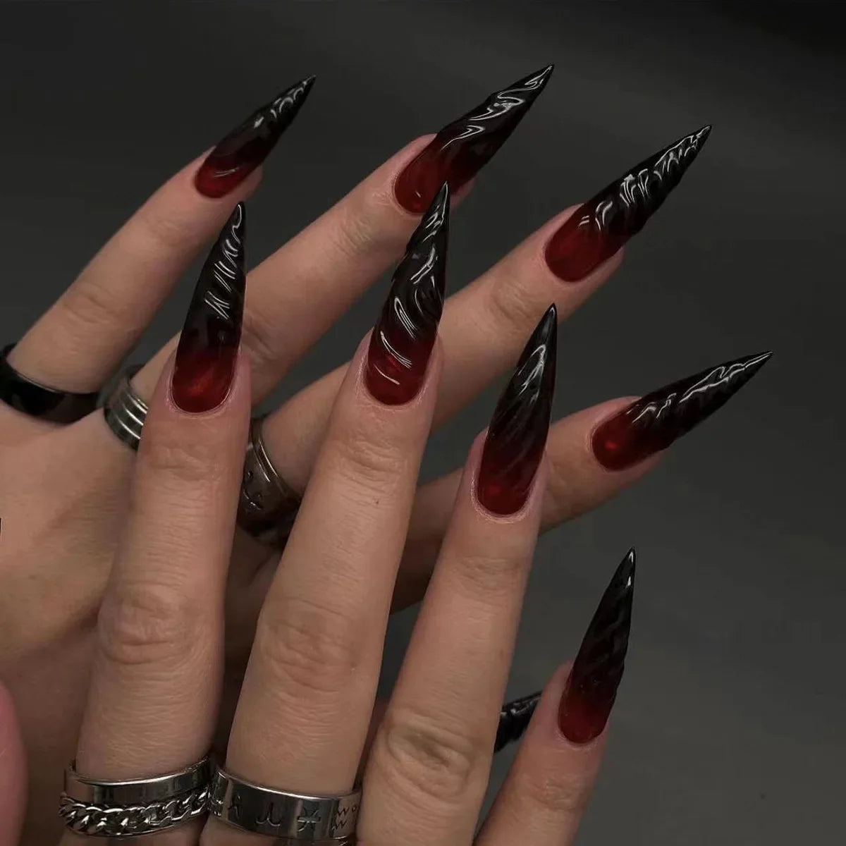 24Pcs Glossy Long Almond Halloween Press On Nails Black And White Horror Style Fake Nails With Rhinestone Reusable False Nails.