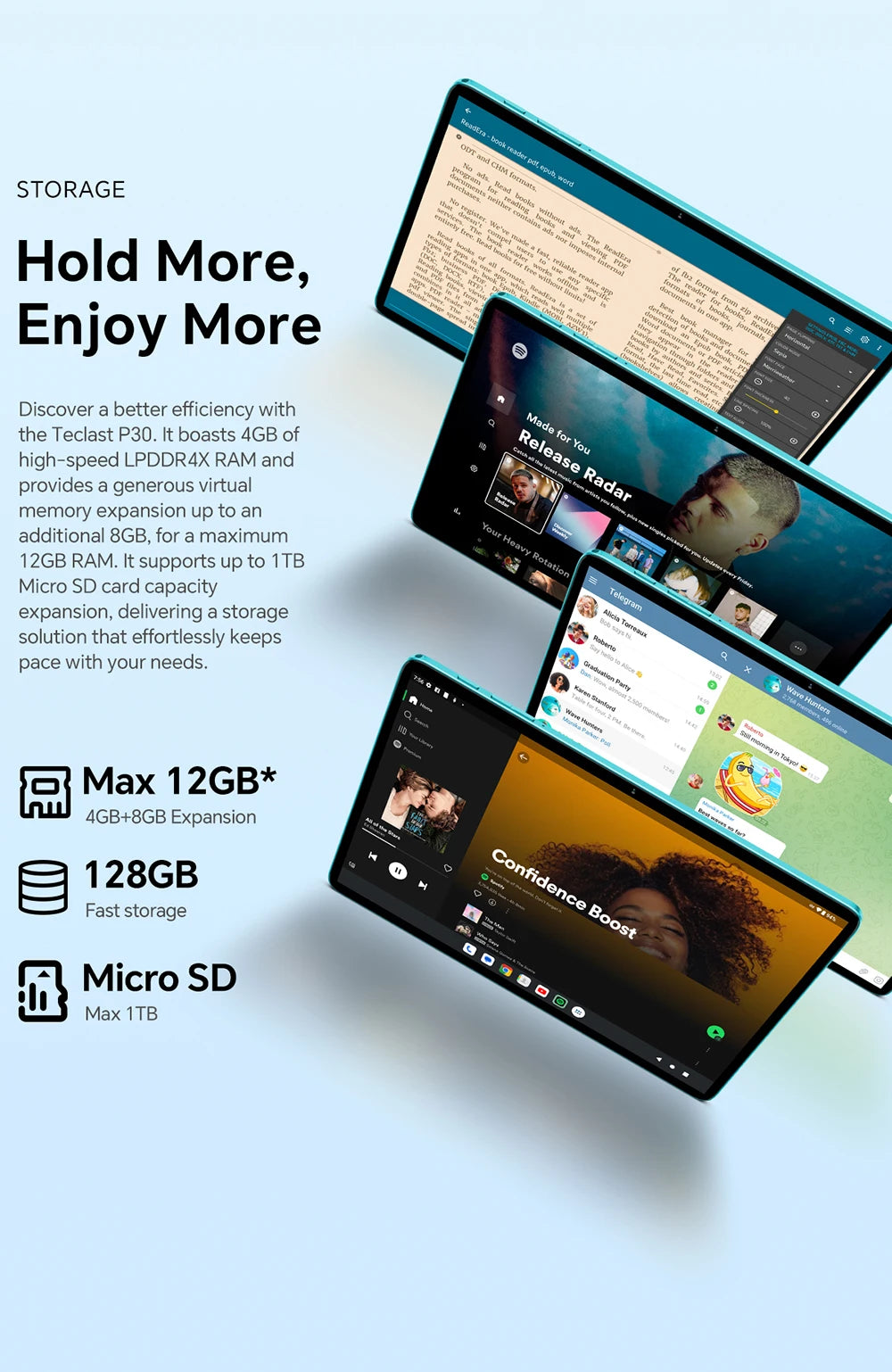 Teclast P30 Android 14 Tablet, UNISOC T606 Octa Core, 10.1" IPS, Max 12GB RAM, 128GB ROM, 6000mAh, 5MP AI Camera, Face Unlock.