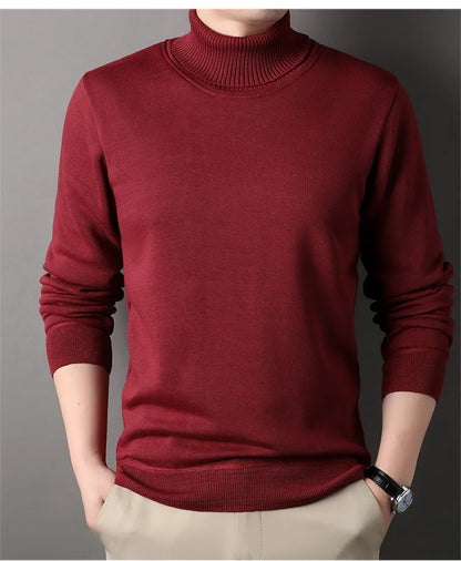 Men's Autumn Winter New Turtleneck Sweater Warm Cozy Solid Color Casual Bottom Knitted Pullovers Male Fashion Knitwear.