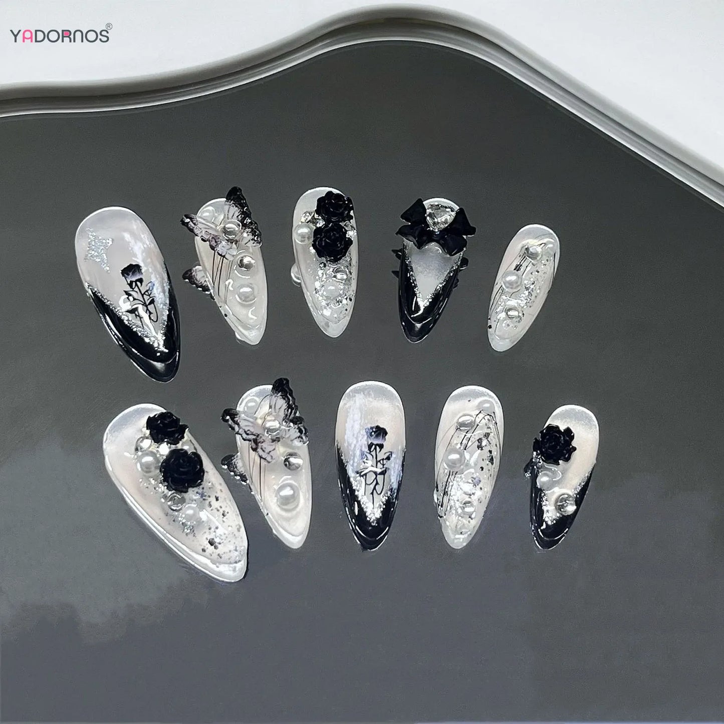 White Ballet Fake Nail Handmade Black French Style Press on Nails Rose Flower Butterfly Bowknot Design Wearable False Nails Tips.