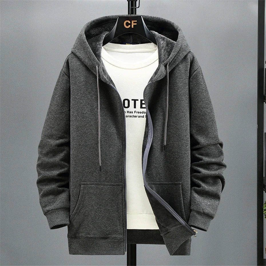 Big Size Hoodie Men Hood Long Sleeve Sweatshirt Male Zip-up Loose Cotton Fleece-lined Casual Top Zipper Large Fat Plus 10XL 12XL