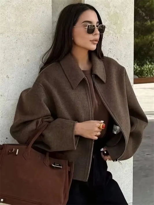 Mode Braun Zipper Woolen Jacke Für Frauen Elegante Revers Langarm Kurze Mäntel Weibliche Vintage Herbst Dame Straße Oberbekleidung