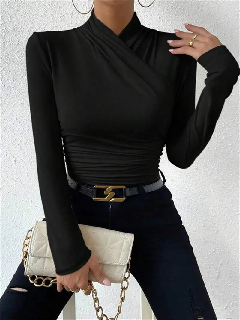 Women's Clothing Autumn Winter Tshirts New Design Cross Neckline Versatile Pleated T-shirt Comfortable Fashion Slim Fit Sexy Top.