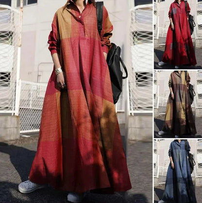 Spring Fashion Cotton Linen Dress Retro Ethnic Style Clothing Printed Loose Long Sleeve Large Swing Dress.
