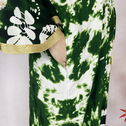 2025 New African Abaya For Women Dress Loose Batwing Sleeve Pockets High-quality Tie-dye Pure Cotton Fabric Women Islam Clothing.