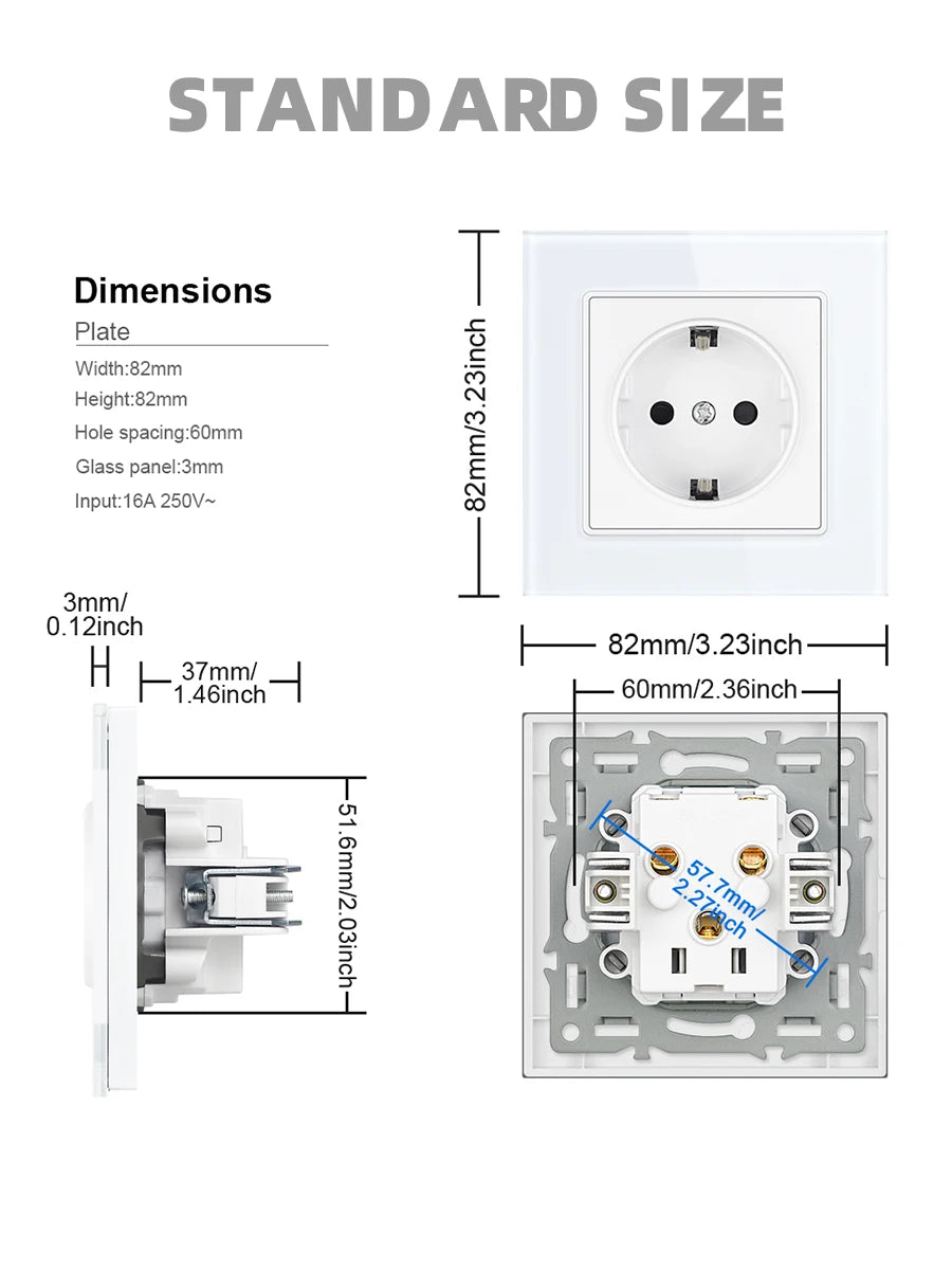 SRAN Französische USB-Wandsteckdose 5 V 2,1 A, Kristall-Hartglasscheibe 16 A 220 V 82 x 82 mm Steckdose Frankreich-Standard mit Abdeckung.