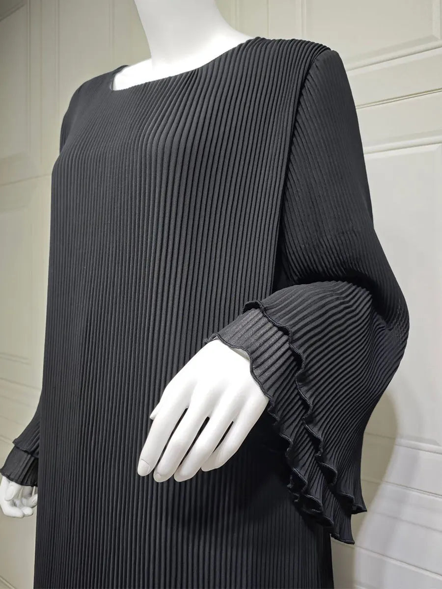 Siskakia Ramadan-Muslim Solid Wrinkle Dresses For Women's Dubai  Moroccan Petal Sleeve Abayas O-Neck Elegant Kebaya 2024