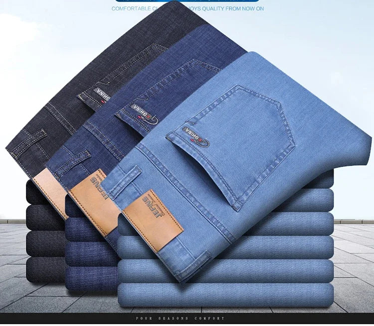 New Ice Silk Thin Denim Jeans For Men Blue Straight Stretch Cotton Pants Business Casual Lightweight Trousers Spring Summer.