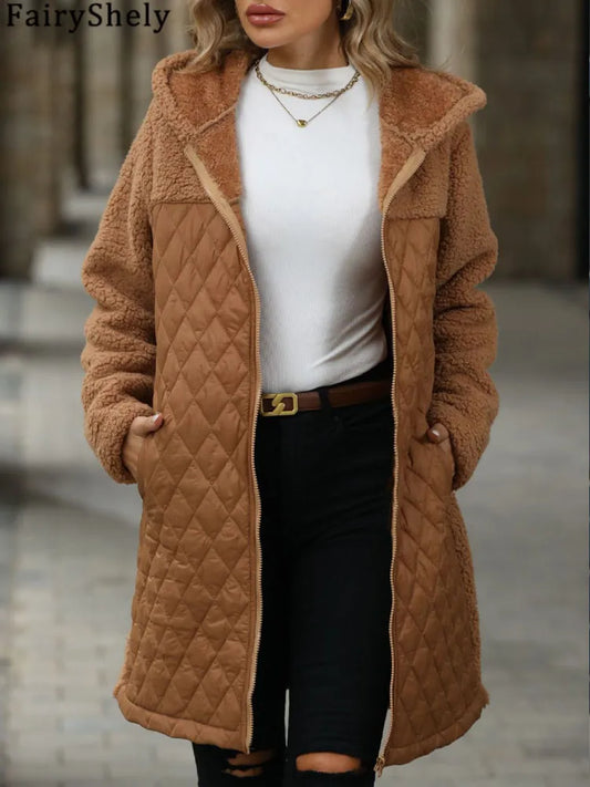 FairyShely 2025 Winter Solide Frauen Jacke Dicken Plüsch Mit Kapuze Warme Lange Hülse Langen Mantel Weiche Zipper Patchwork Strickjacke Dame Mantel