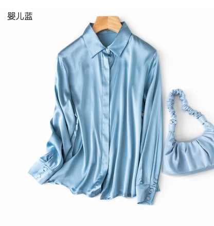 Tajiyane Damen-Langarmshirt aus 93 % Maulbeerseide, 7 % Elasthan, 19 Momme, Satin-Seidenknöpfe, Oberteil, Bluse, Büroarbeit, Chemise Femme