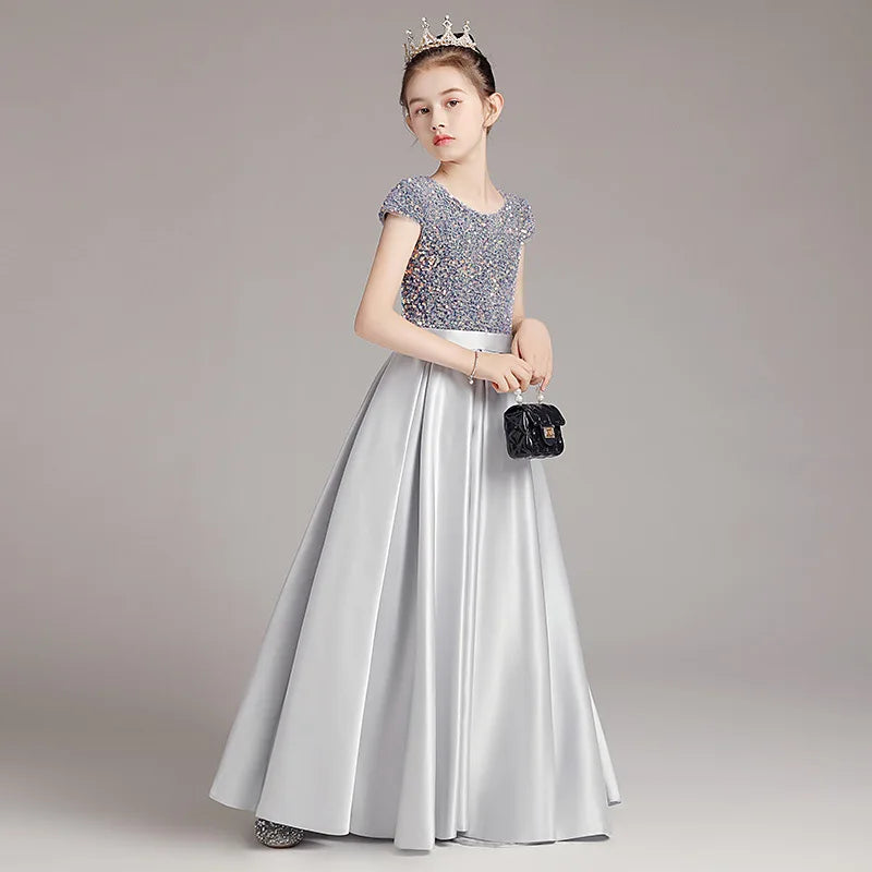 Mädchen-Klavierkleid, graues Pailletten-langes Performance-Kleid, Prinzessinnenkleid, Kinder-Host-Show-Performance-Kleid, Sommer