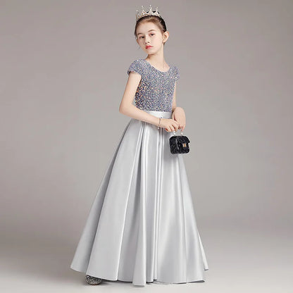 Mädchen-Klavierkleid, graues Pailletten-langes Performance-Kleid, Prinzessinnenkleid, Kinder-Host-Show-Performance-Kleid, Sommer