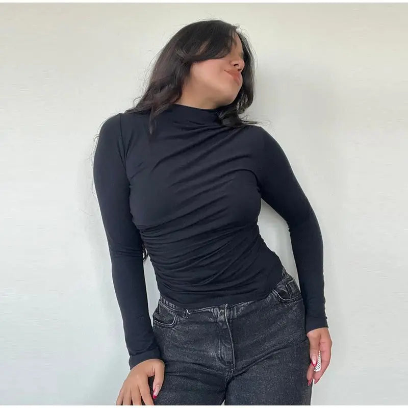 Women Tees Sexy Turtleneck Long Sleeve Pleated All-match Basic Lady T-shirts 2025 Spring Autumn Fashion Chic Female Streetwears