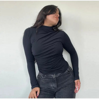 Women Tees Sexy Turtleneck Long Sleeve Pleated All-match Basic Lady T-shirts 2025 Spring Autumn Fashion Chic Female Streetwears