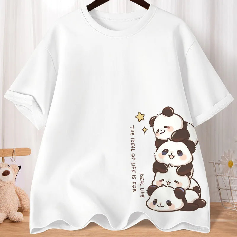 Summer Cartoon Cute Treasure Panda Sweet Printed Short Sleeve T-shirt Women's Loose Leisure Soft Bottom Oversized Shirt Top.