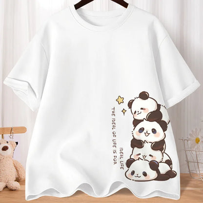 Summer Cartoon Cute Treasure Panda Sweet Printed Short Sleeve T-shirt Women's Loose Leisure Soft Bottom Oversized Shirt Top.