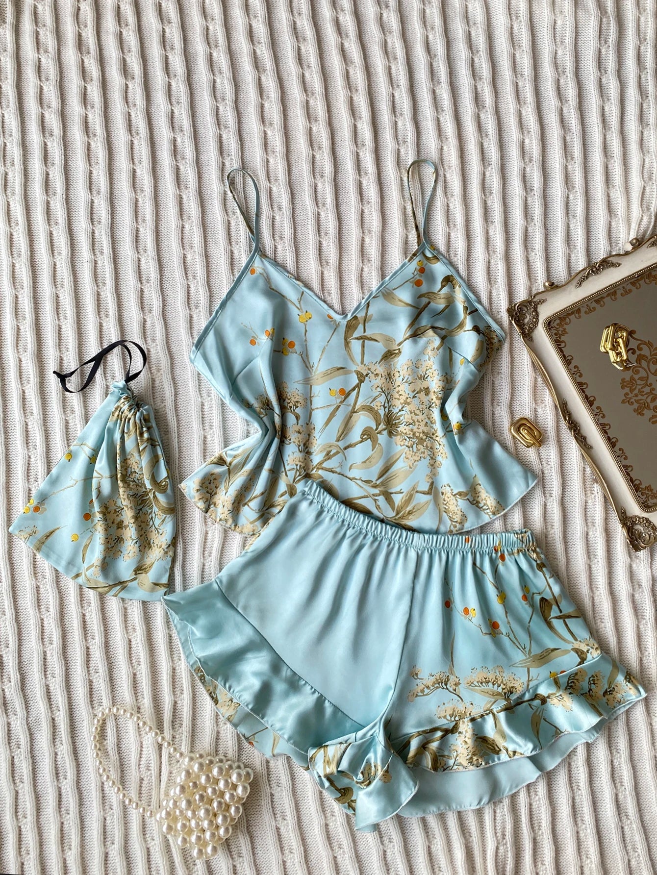 Elegante Cami-Tops mit Blumendruck, Rüschensaum, Shorts, Pyjama-Set, Damen-Nachtwäsche, Loungewear.