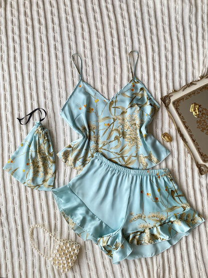 Elegante Cami-Tops mit Blumendruck, Rüschensaum, Shorts, Pyjama-Set, Damen-Nachtwäsche, Loungewear.