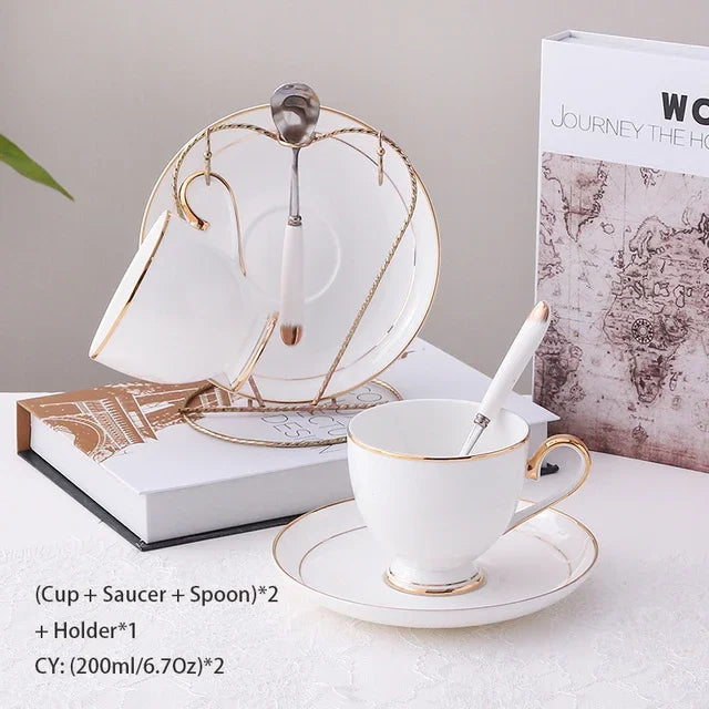 China Coffee Set White Gold Porcelain Tea Advanced Pot Cup Ceramic Mug Sugar Bowl Creamer Teapot Milk Jug Teaset