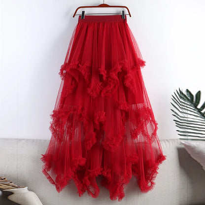 Autumn Winter New 2025 Irregular Cake Tulle Skirt Women Sweet Midi Long High Waist A Line Skirt Female Mesh Party Skirt Lady