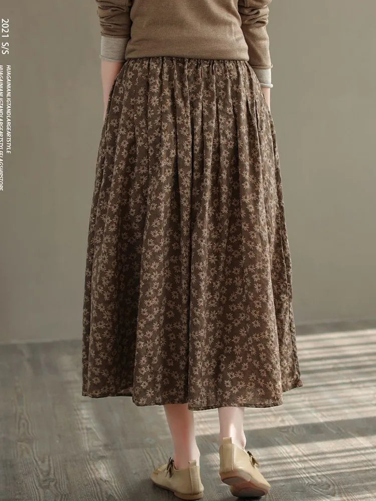 Women Casual Skirts New Arrival 2023 Autumn Vintage Style Floral Print Loose Comfortable Ladies Elegant A-line Long Skirt D536.