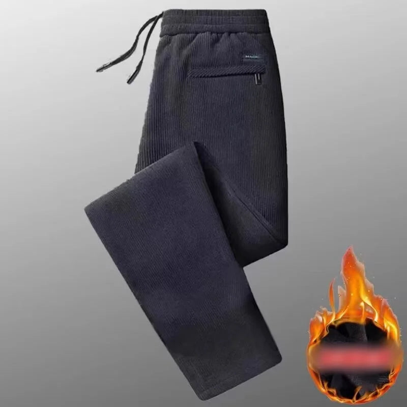 Black gray men's corduroy casual pants with drawstring, thick elastic business pants, mid waist brand winter warm pants.