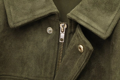 TRAFZA Damen-Jacke mit Wildleder-Textur, High Street, lange Ärmel, Umlegekragen, elastischer Reißverschluss, Knopfleiste, solider, trendiger Frühlingsmantel