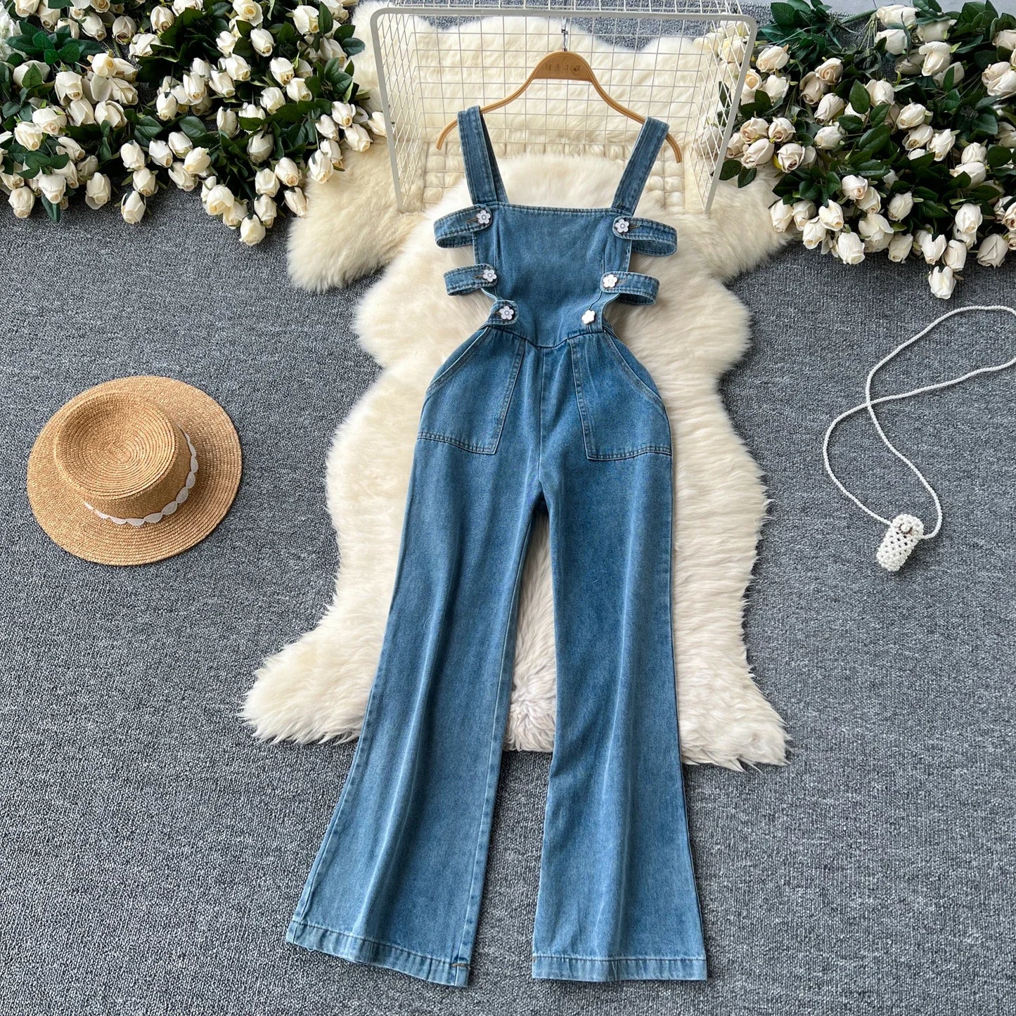 Jumpsuits Women Denim Suspender Jeans One Piece Wide Leg Pants Washed Mom Distressed Pockets Trousers Summer 2025 Streetwear.