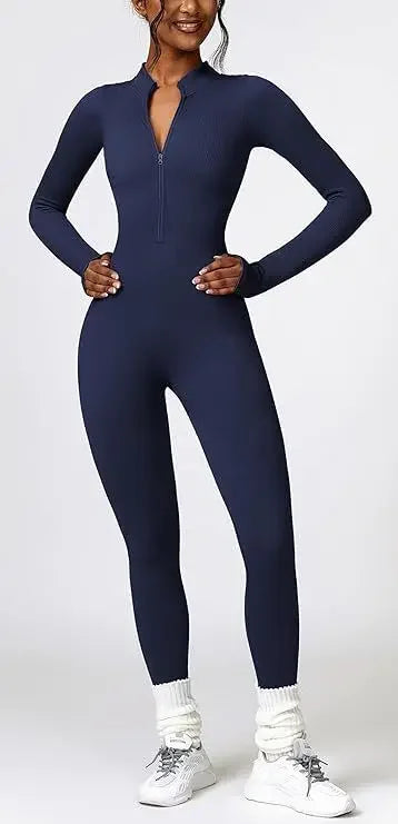 Seamless Long Sleeve Yoga Suit Waist-Fitted Shaping Trousers Casual Sports One-Piece Zippered Fitness Wear.