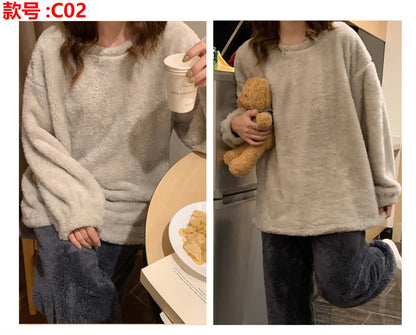 Winter Fleece Women Pajamas Set  Sleepwear Solid Velvet 2 Piece Pant Home Suit Fluffy Casual Warm Flannel Night Wear.