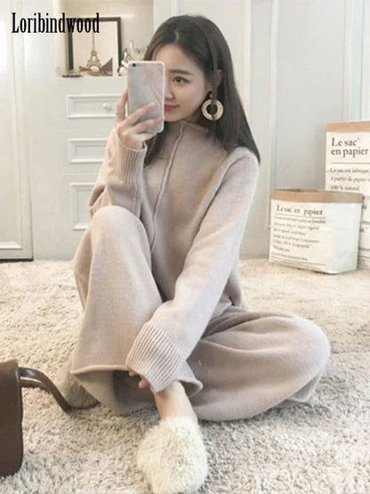 Loribindwood Gestrickte Pullover Breite Bein Hosen Anzug für Frauen Herbst/winter 2022, Neue Koreanische Lose Mode Zwei-stück Set