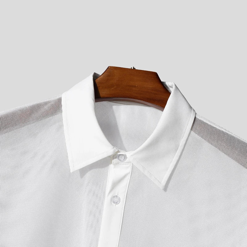 INCERUN Men Sets Mesh Patchwork See Through Sexy Short Sleeve Shirts & Pants Two Pieces Sets Streetwear 2025 Men's Casual Suits