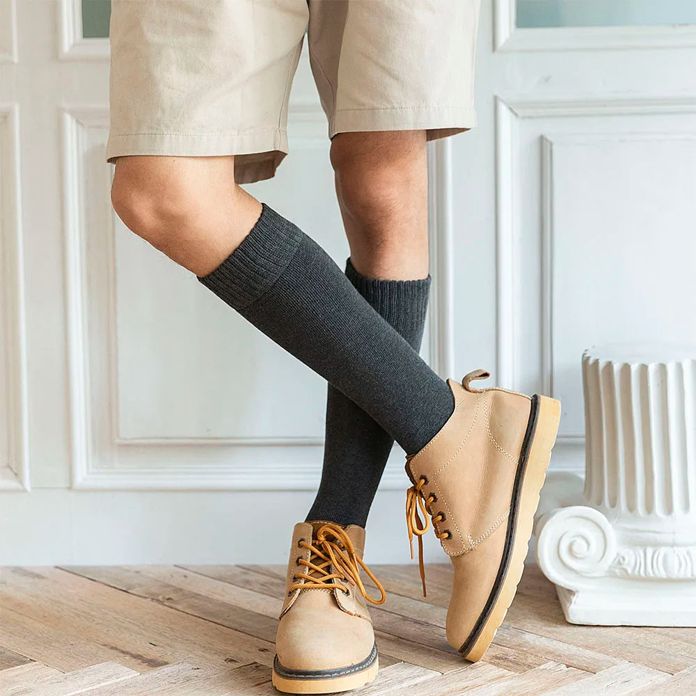 3 Pars Men's Winter Thick Warm Knee-High Cotton Socks - High-Quality Long Black Casual Fashion Socks for Cold Weather.