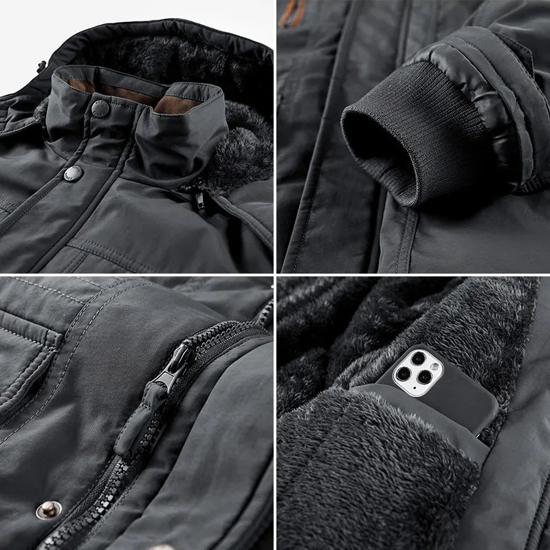 Thick Coat Winter Outdoor Running Sports Windproof Warm Fleece Hooded Cargo Jacket Men Removable Hood Thick Warm Fleece Jacket.