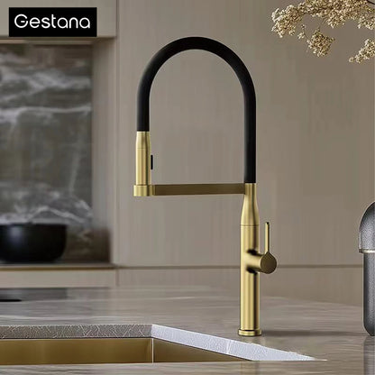 Luxury Brushed Gold Brass Pull Out Kitchen Faucet with Ceramic Cartridge Hot Cold Water Sink Tap Modern High End Sprayer Durable