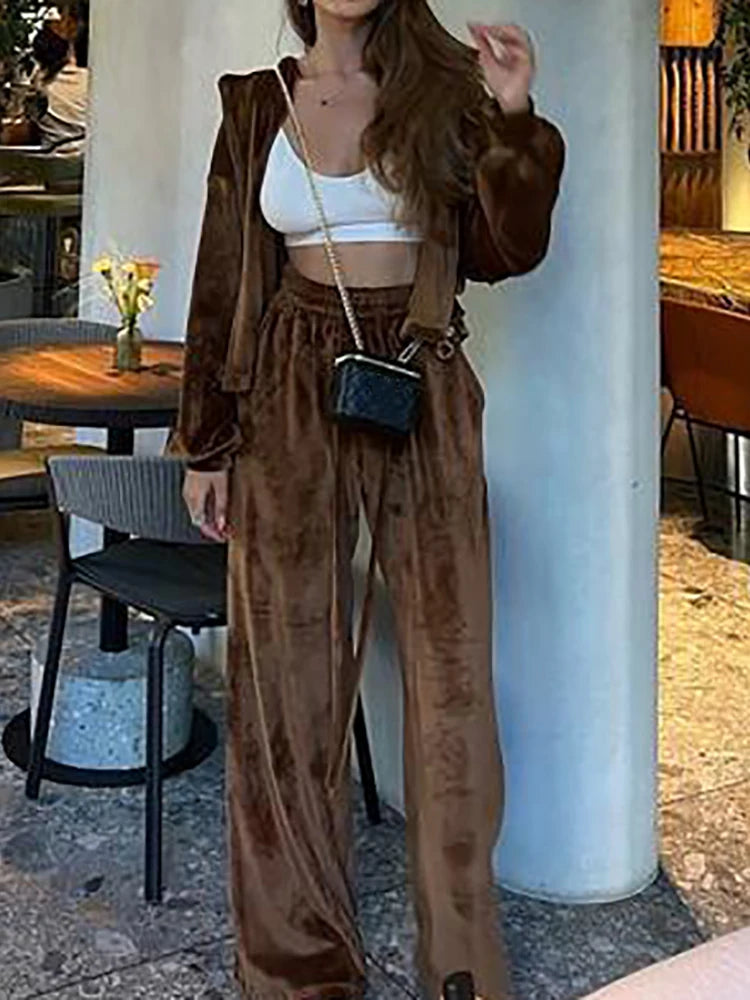 Women Autumn Hooded Coat Two Pieces Sets, Solid Patchwork Wide Leg Pants Chic Outfit, New Long Sleeve Casual Simple Ladies Suits