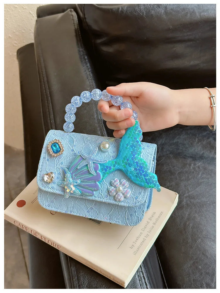 Lovely Sequin Girls Square Shoulder Bag Fish Tail Starfish Princess Crossbody Bags Bead Handle Children's Small Handbags Purse