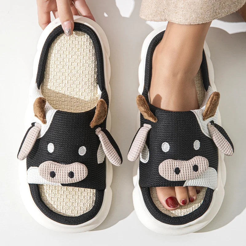 Shevalues Plush Cartoon Milk Cow Slippers Winter Women Slippers Furry Non-Slips Women Cotton Slides Couples Soft Cozy Flat Shoes