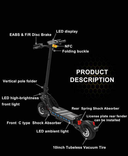 DriveTron DT10 Dual Electric E-Scooter 1400*2W Peak Power 48V20.8AH Battery 10‘’ City Tire Adult Electric Scooter
