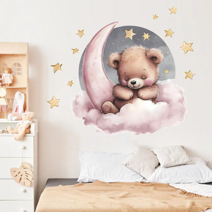 Cute Bear Moon Star Wall Stickers for Kids Rooms Girls Boys Baby Room Decoration Kawaii Cartoon Animal Nursery Wallpaper Vinyl