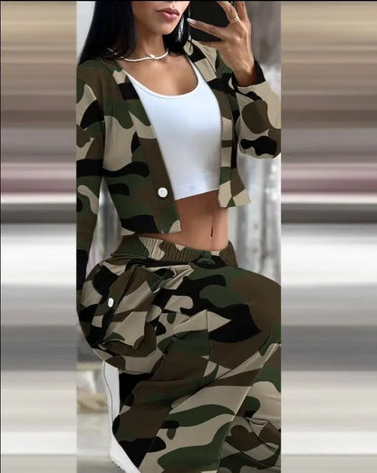 Autumn Fashionable And Elegant Solid Color Women's Suit Long-sleeved V-neck Short Coat Pocket Wide-leg Drawstring Trousers Suit