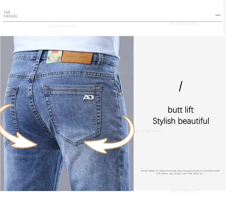 Spring Men's Light Blue Slim Jeans Stylish Casual Stretch Fabric Denim Pants Classic Trousers Smoke Gray.